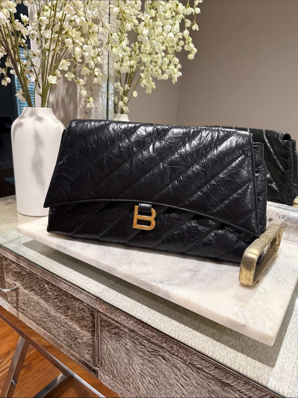 Balenciaga Crush Pochette Quilted Leather Clutch B Gold Hardware BRAND NEW